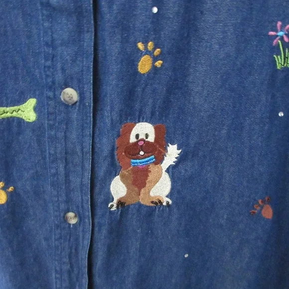 Quacker Factory Denim Shirt 1X Dog Fido Embroidered Novelty Teacher Granny VTG - Picture 6 of 15